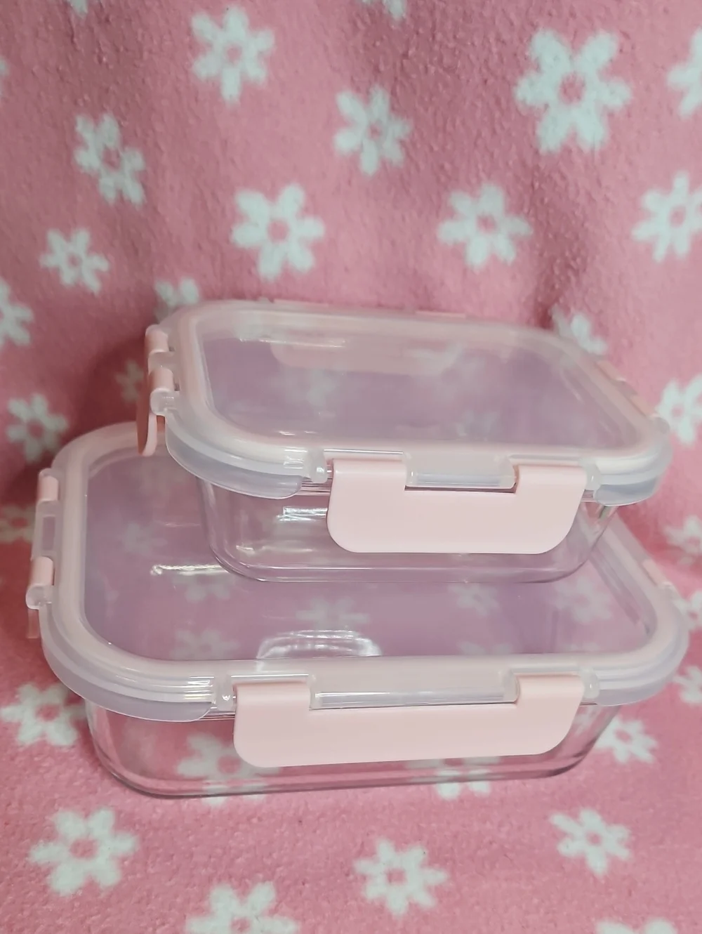 2 Large & 3 Small Clear Glass Food Storage Containers with Pink Lids - Set of 5